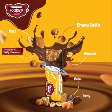 Foodrik Chocolate Nutri Snack Bar | Sattu, Almonds, Oats, Dates and Honey | Wrapped in Tasty Chocolate | Healthy Nutrition Bar for Kids and Adults | (Pack of 6, 26gm x 6 Bars)